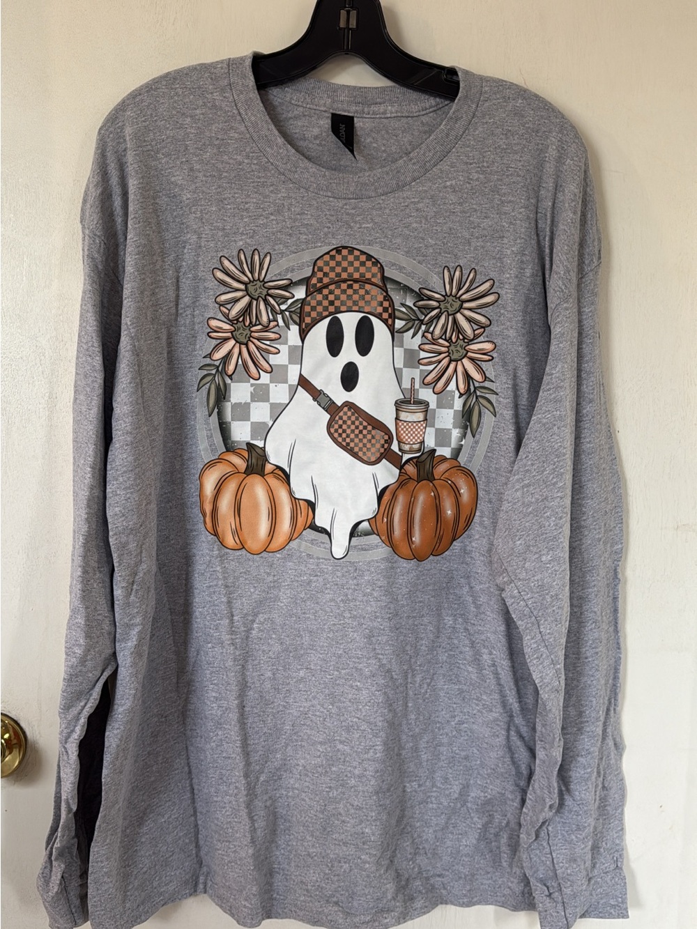 Gildan Gray Long Sleeve Tee with Pumpkin Ghost Graphic